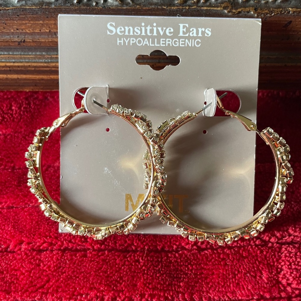 Mixit Gold Tone Rhinestone Hoop Earrings Hypoallergenic Sensitive Ears 1.75 Inch